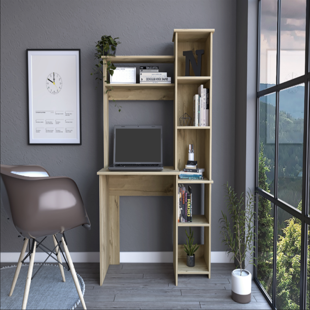 Logan Desk with Five Cubbies - Light Oak Finish