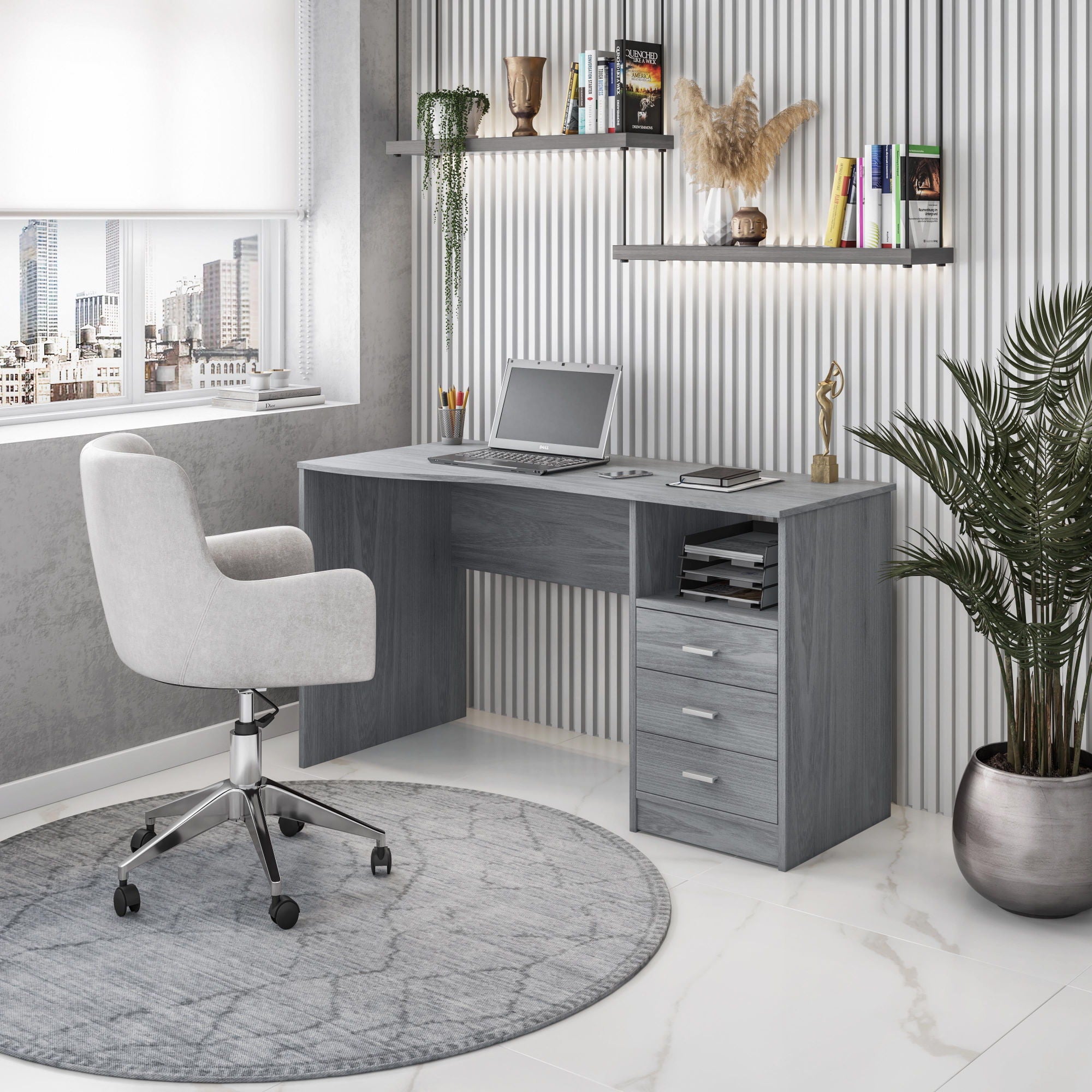 Techni Mobili Classic Computer Desk: Grey with Multiple Drawers