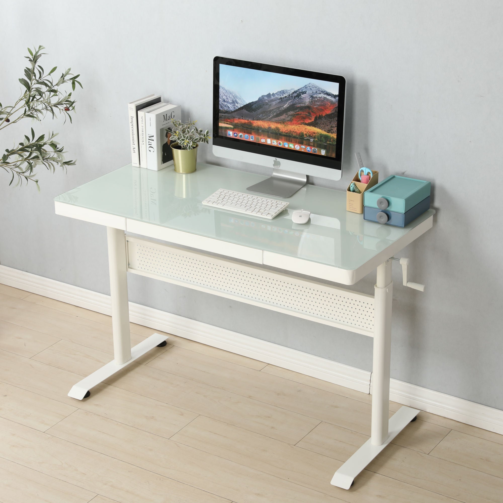 Modern Tempered Glass Standing Desk with Adjustable Height and Metal Drawer - 48 x 24 Inches