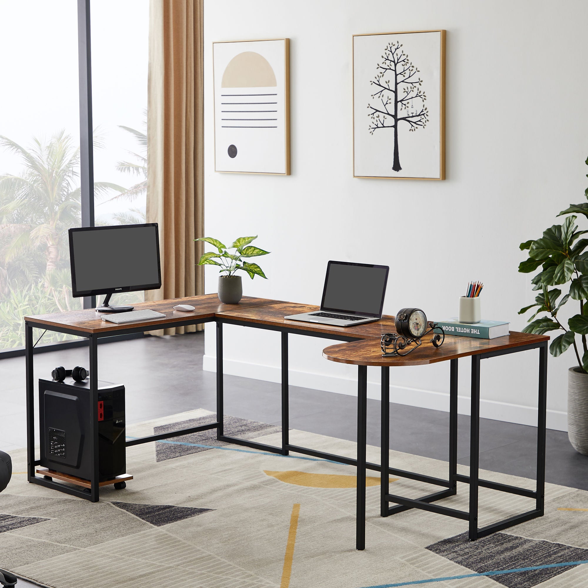 U-shaped Computer Desk - Industrial Corner Writing Desk with CPU Stand