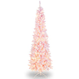 7 Feet Pre-Lit Snow Flocked Hinged Pencil Christmas Tree with 300 Lights and 8 Modes