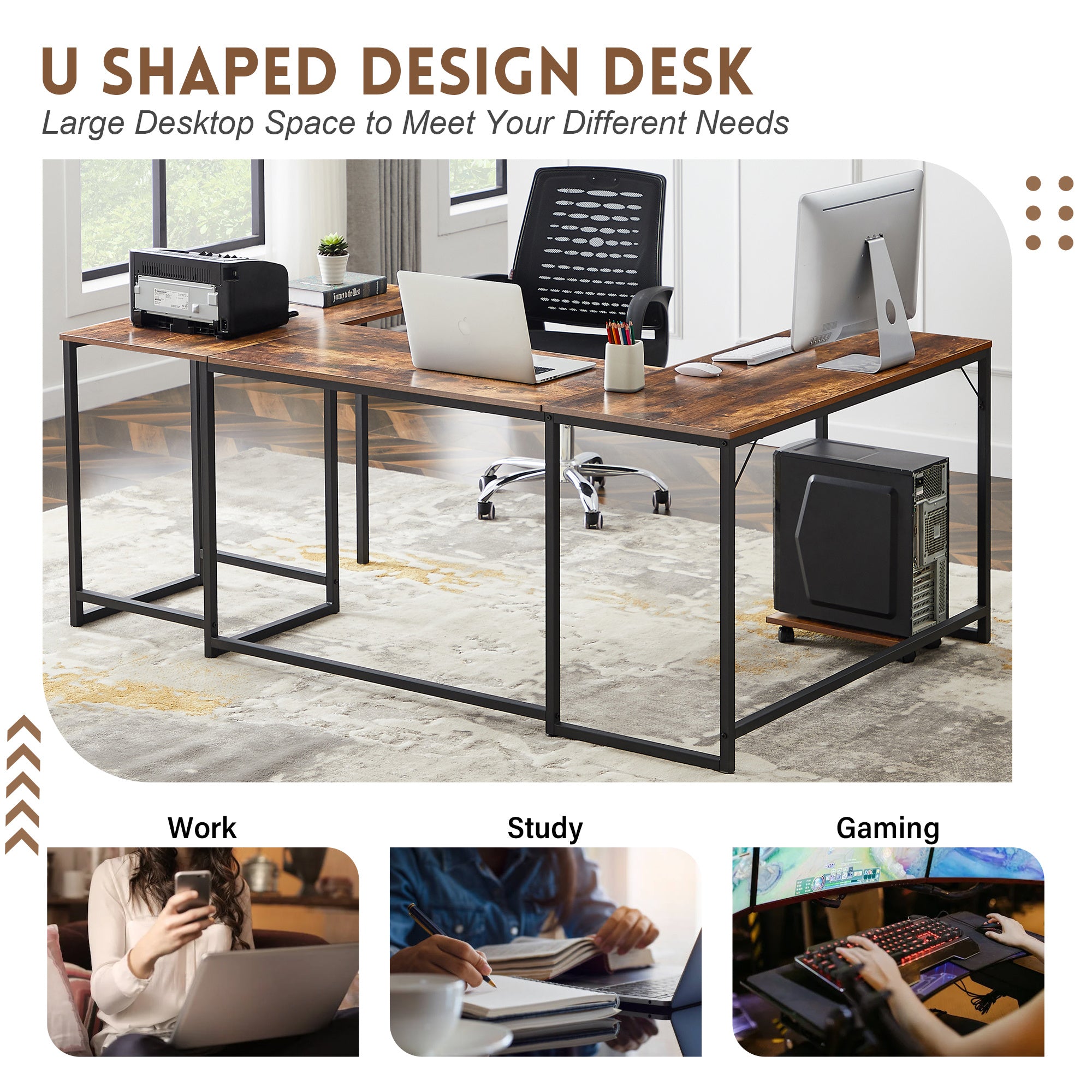 U-shaped Computer Desk - Industrial Corner Writing Desk with CPU Stand