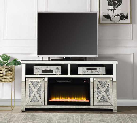 ACME Noralie TV Stand W/Fireplace Mirrored & Faux Diamonds LV00318