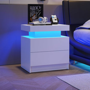 Nightstand LED Bedside Table Cabinet Lights Modern End Side with 2 Drawers for Bedroom (White)