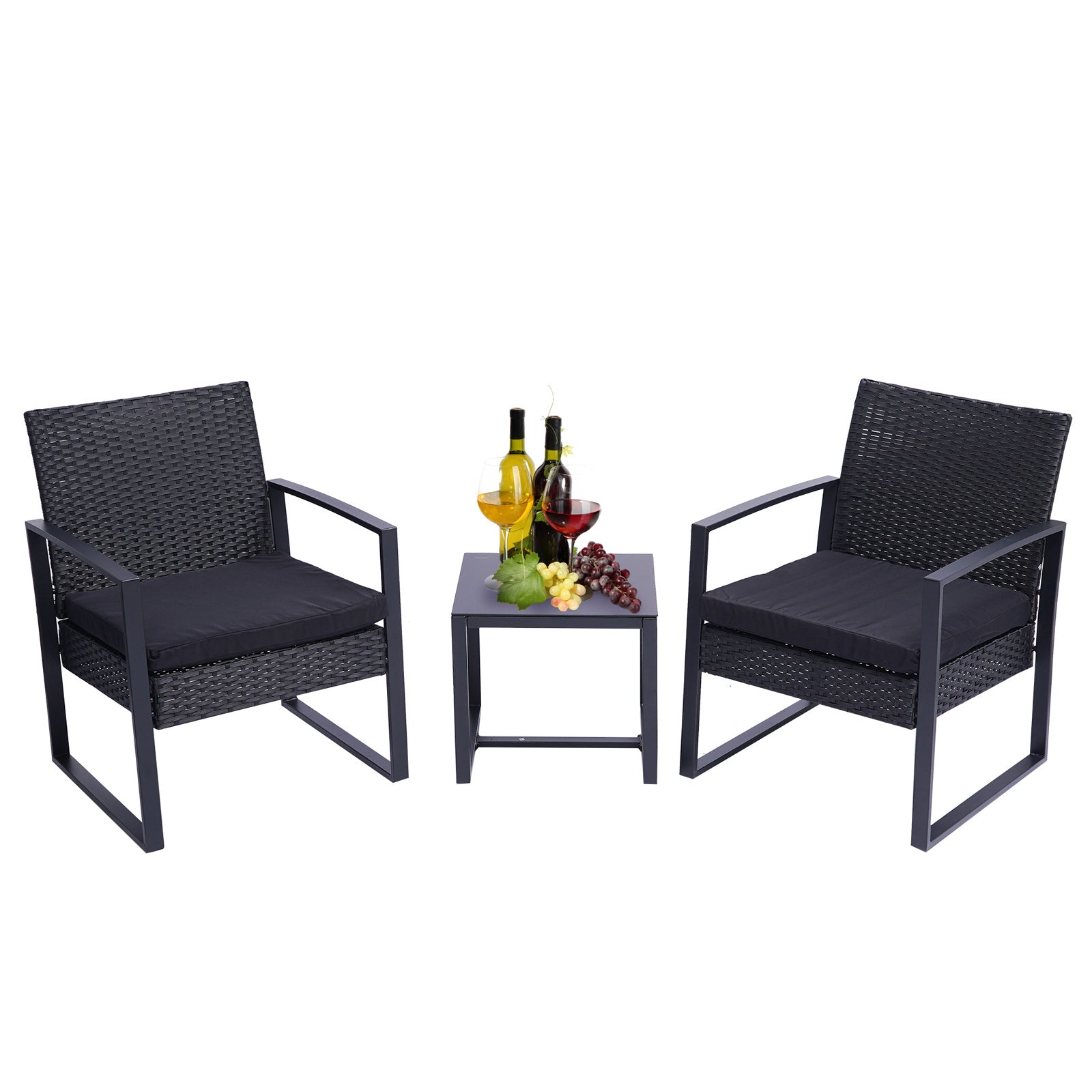 3 Pieces Patio Set Outdoor Wicker Patio Furniture Sets Modern Set Rattan Chair Conversation Sets with Coffee Table for Yard and Bistro (Black)