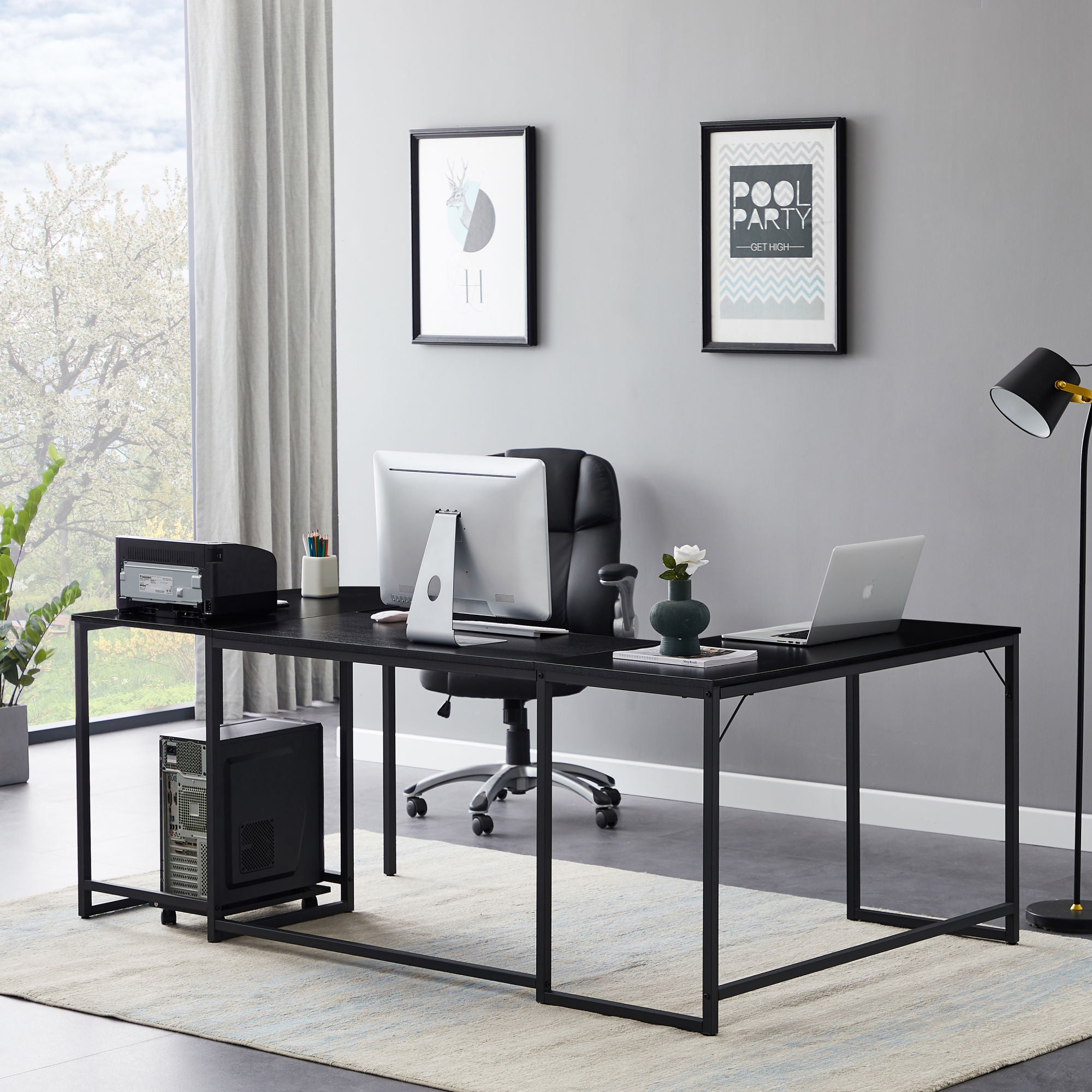 U-shaped Computer Desk - Industrial Corner Writing Desk with CPU Stand