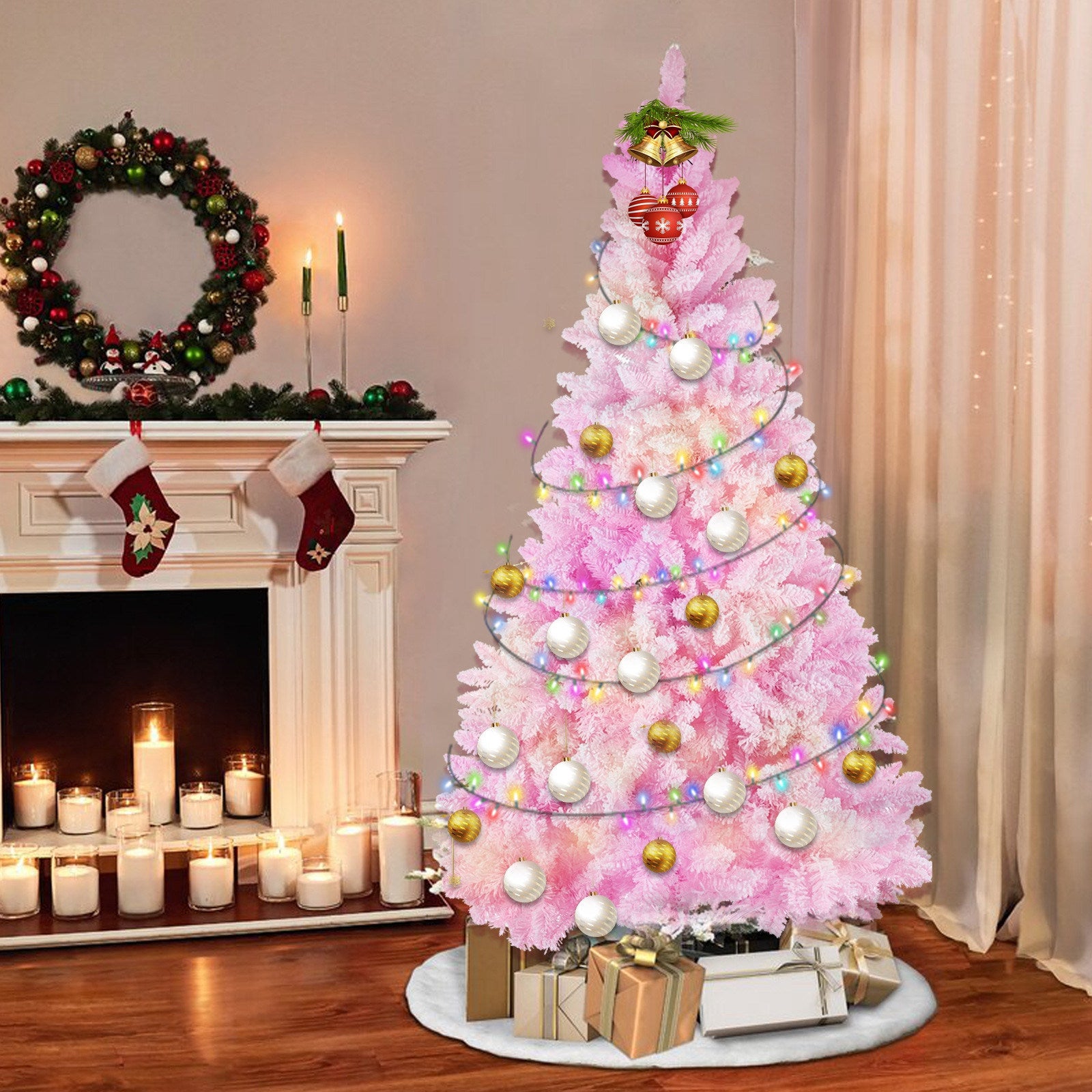 Pink Snow Flocked Christmas Tree - 8ft Full Tree With Metal Stand