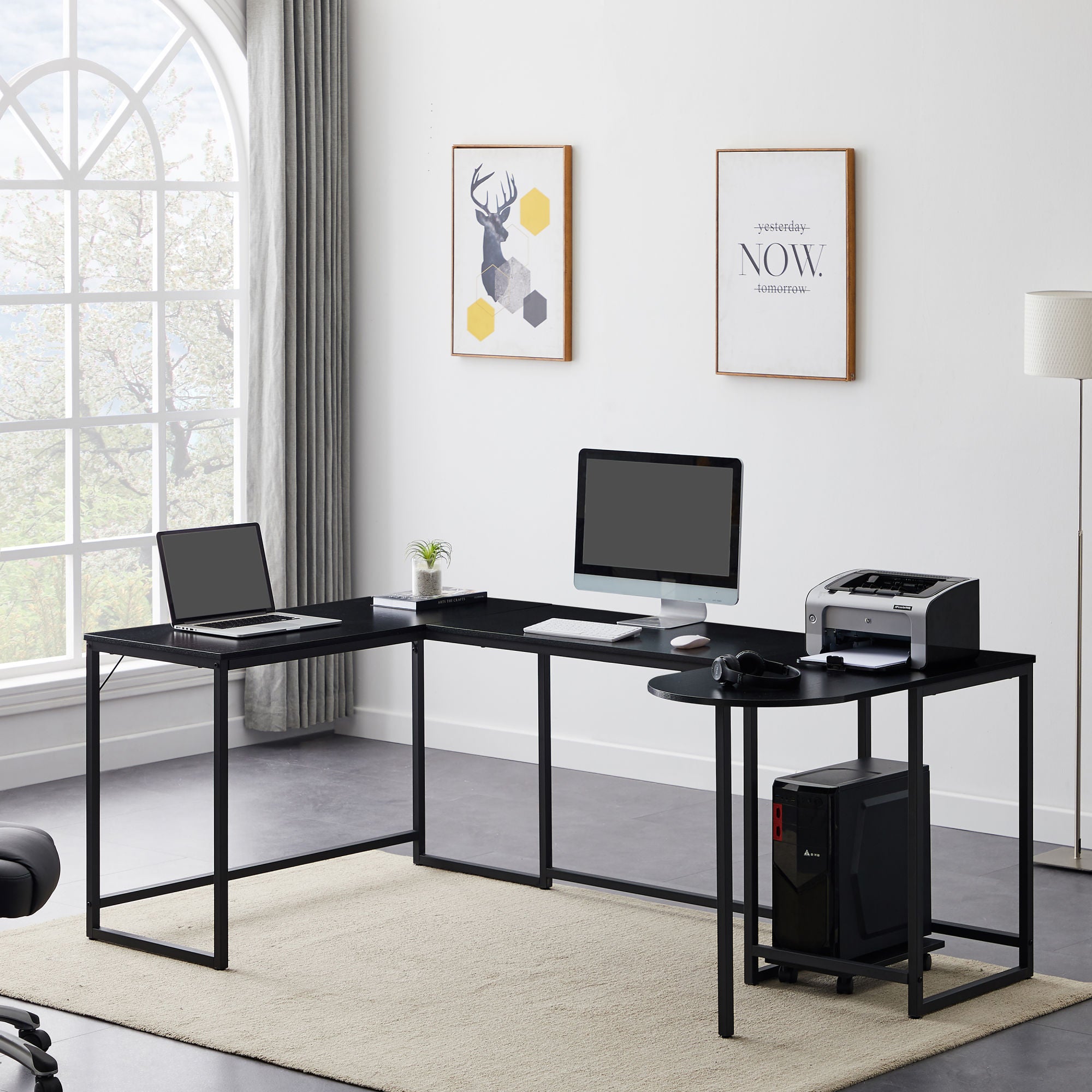 U-shaped Computer Desk - Industrial Corner Writing Desk with CPU Stand