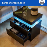 Nightstand LED Bedside Table Cabinet Lights Modern End Side with 2 Drawers for Bedroom (Black)