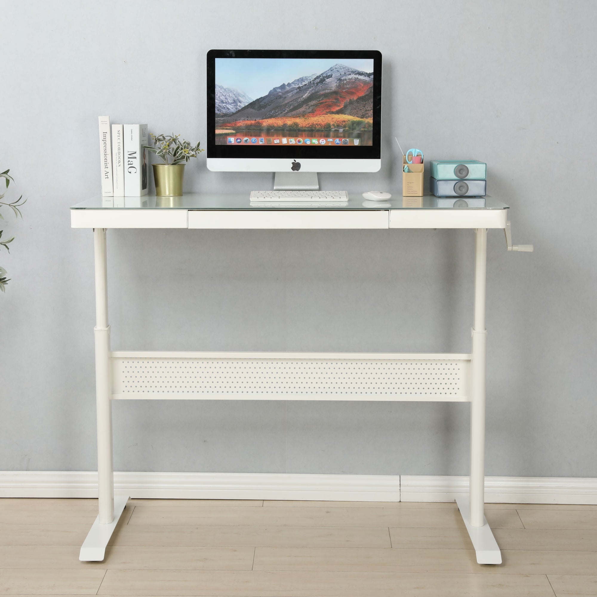 Modern Tempered Glass Standing Desk with Adjustable Height and Metal Drawer - 48 x 24 Inches