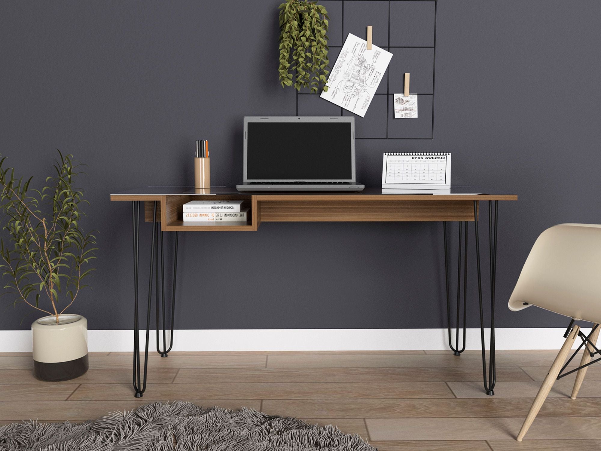 Kyoto 140 Writing Desk with Hairpin Legs & Open Shelf