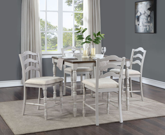 ACME Bettina 5pc Counter Height Table Set Beige Fabric, Antique White & Weathered Oak Finish DN01439