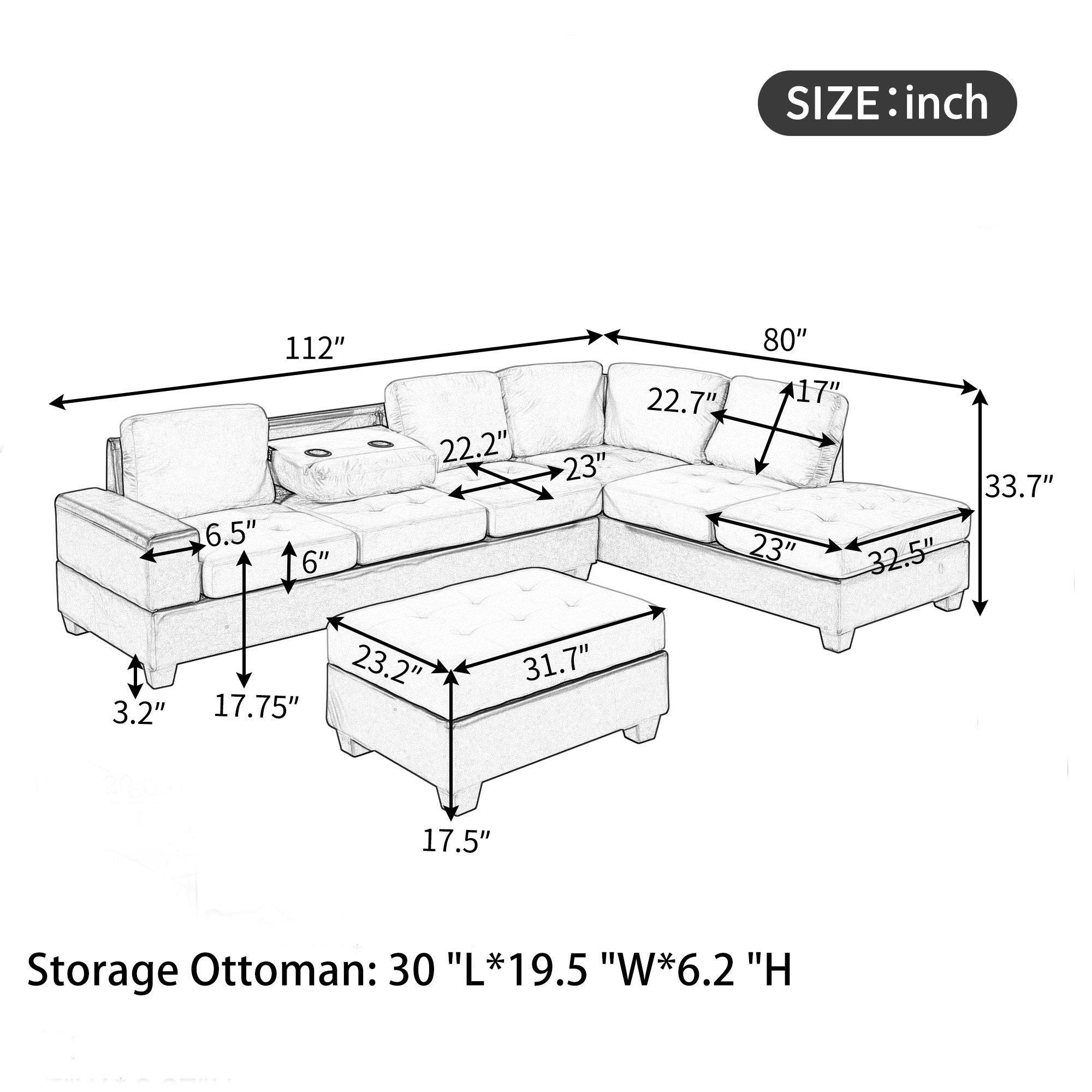 Modern Sectional Sofa with Reversible Chaise; L Shaped Couch Set with Storage Ottoman and Two Cup Holders for Living Room