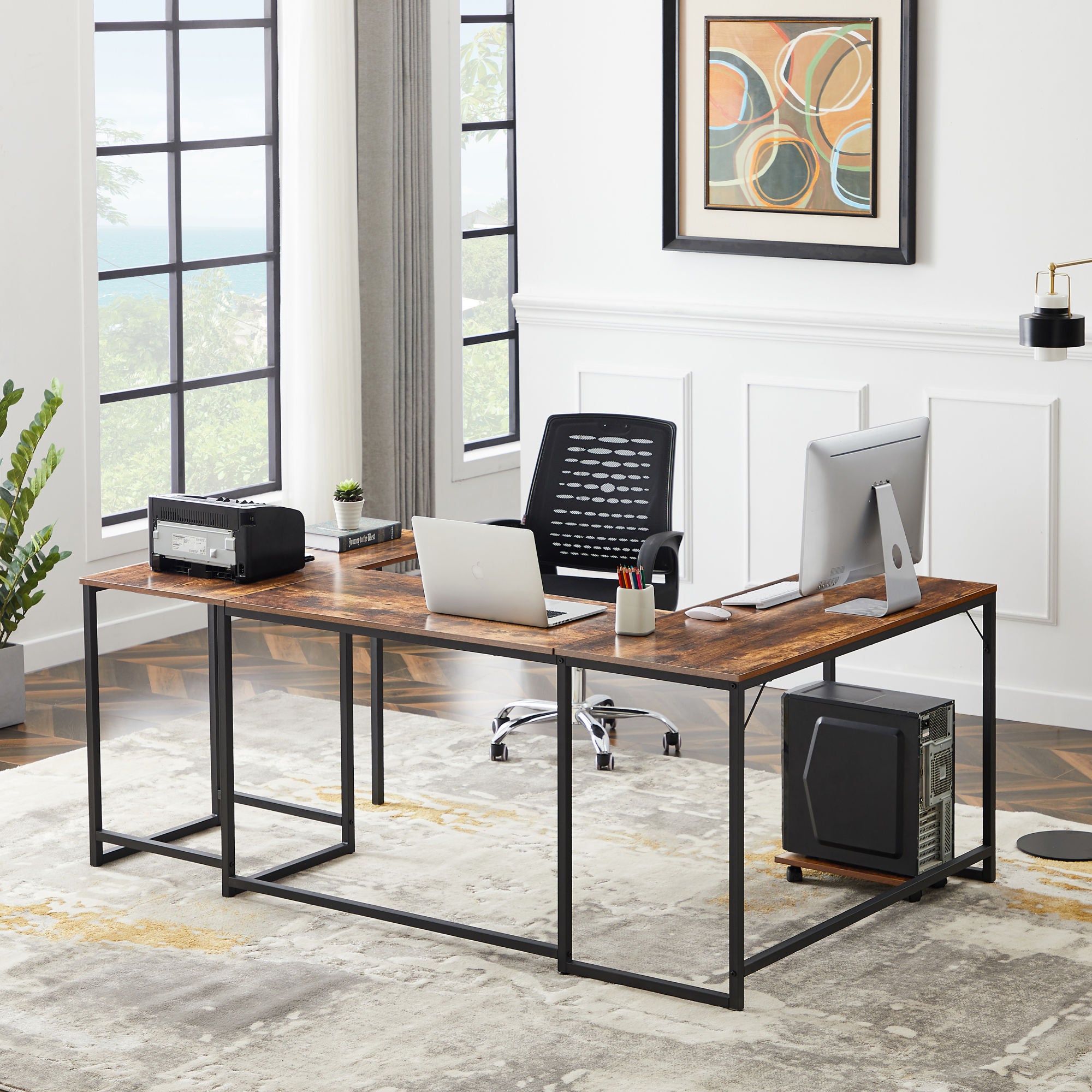 U-shaped Computer Desk - Industrial Corner Writing Desk with CPU Stand