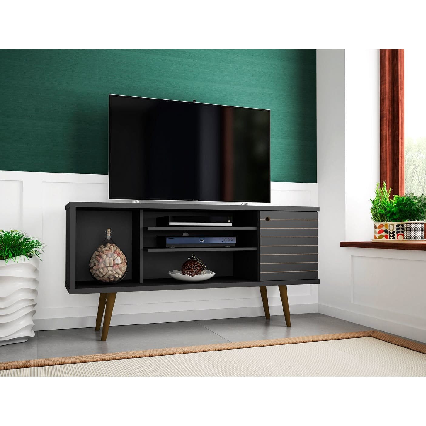 Manhattan Comfort Liberty 53.14" Mid-Century Modern TV Stand with 5 Shelves and 1 Door in Black