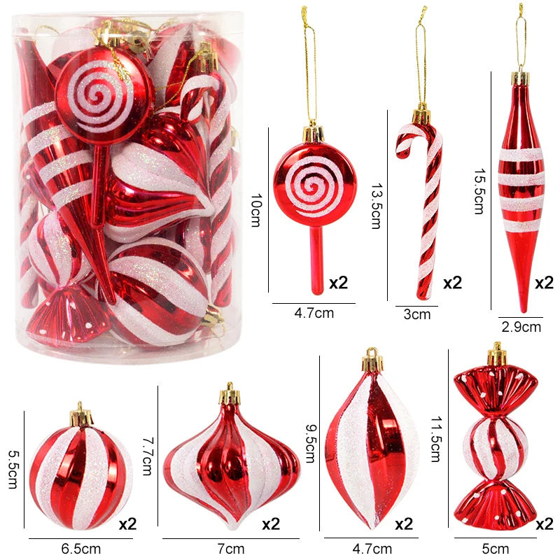 14pcs/box Christmas Ball Ornaments Red Candy Cane Xmas Tree Hanging Pendants Navidad New Year Home Decorations 2024