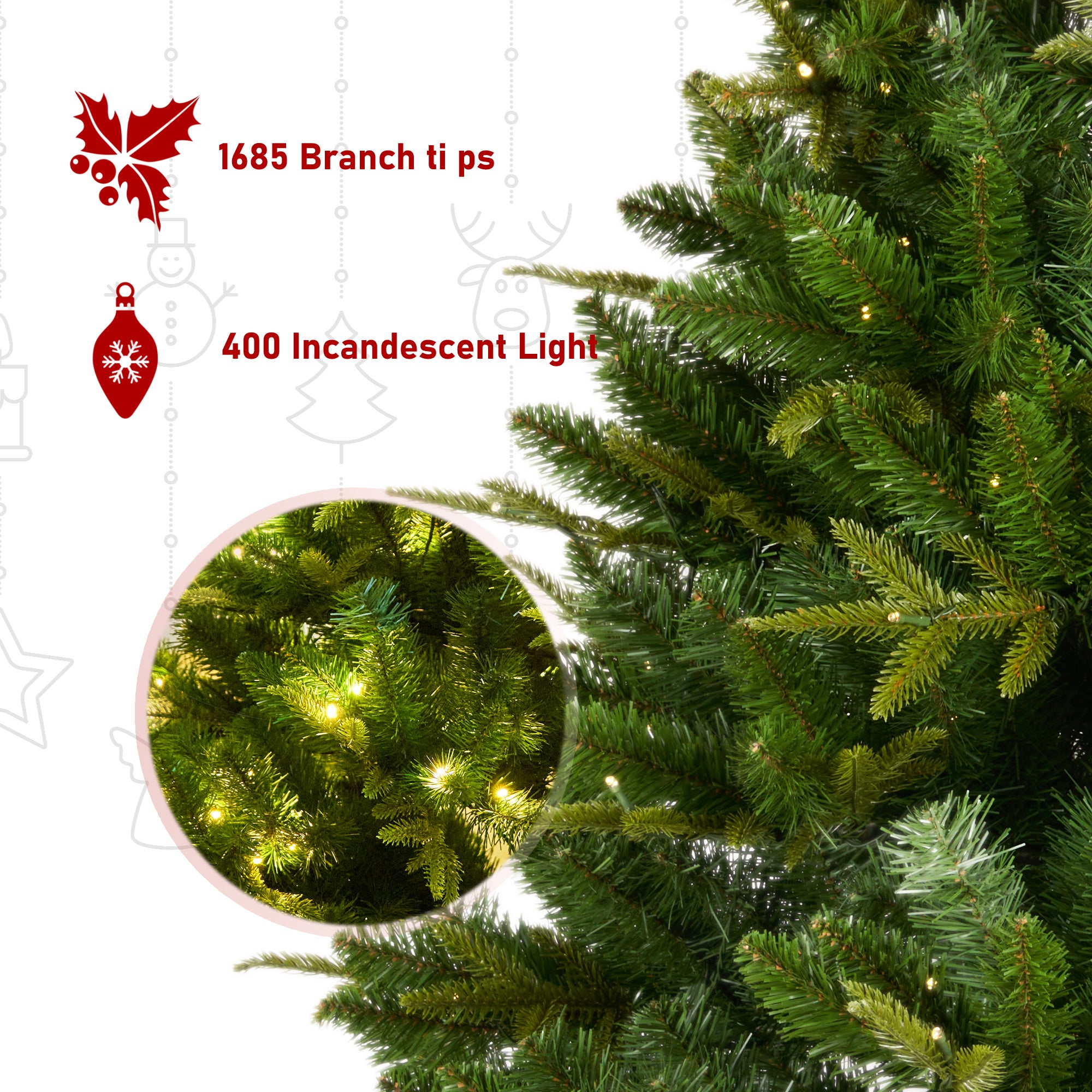 7.5-FT Artificial Christmas Tree with 1685 Tips,400LED, Unlit Hinged Spruce PVC/PE Xmas Tree for Indoor Outdoor, Green