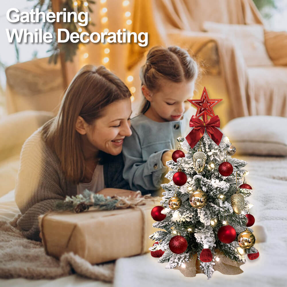 2ft Tabletop Christmas Tree with Light Artificial Small Mini Red Christmas Decoration with Flocked Snow, Exquisite Decor & Xmas Ornaments for Table Top for Home & Office