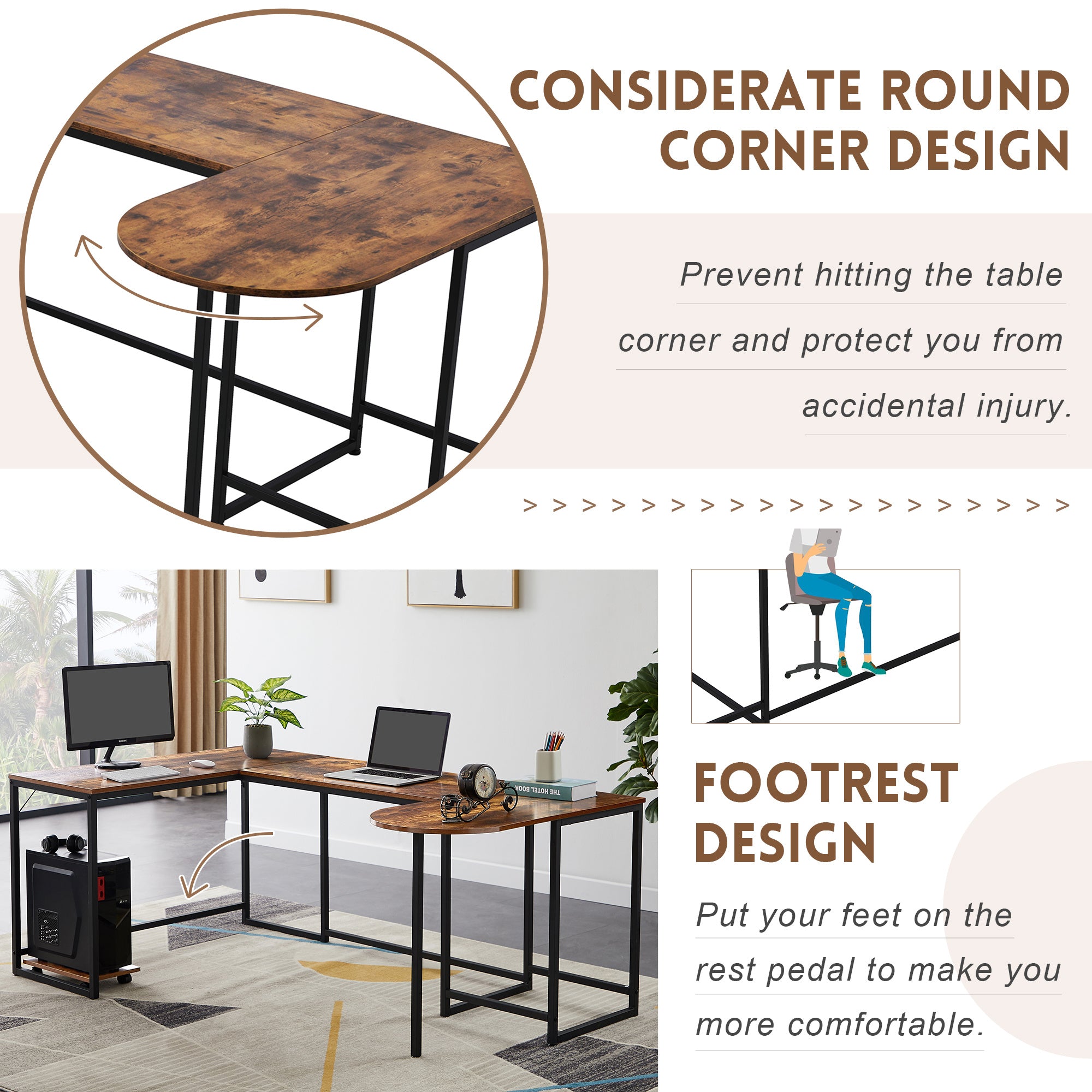 U-shaped Computer Desk - Industrial Corner Writing Desk with CPU Stand