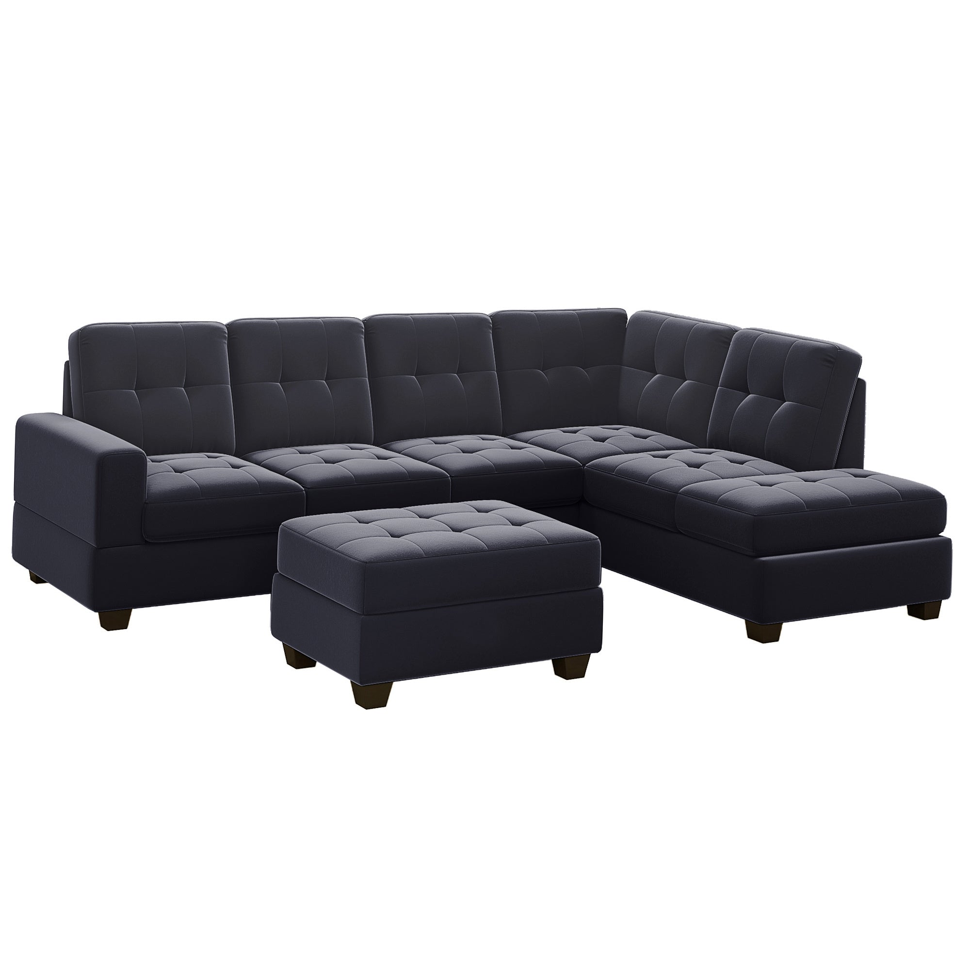 Modern Sectional Sofa with Reversible Chaise; L Shaped Couch Set with Storage Ottoman and Two Cup Holders for Living Room