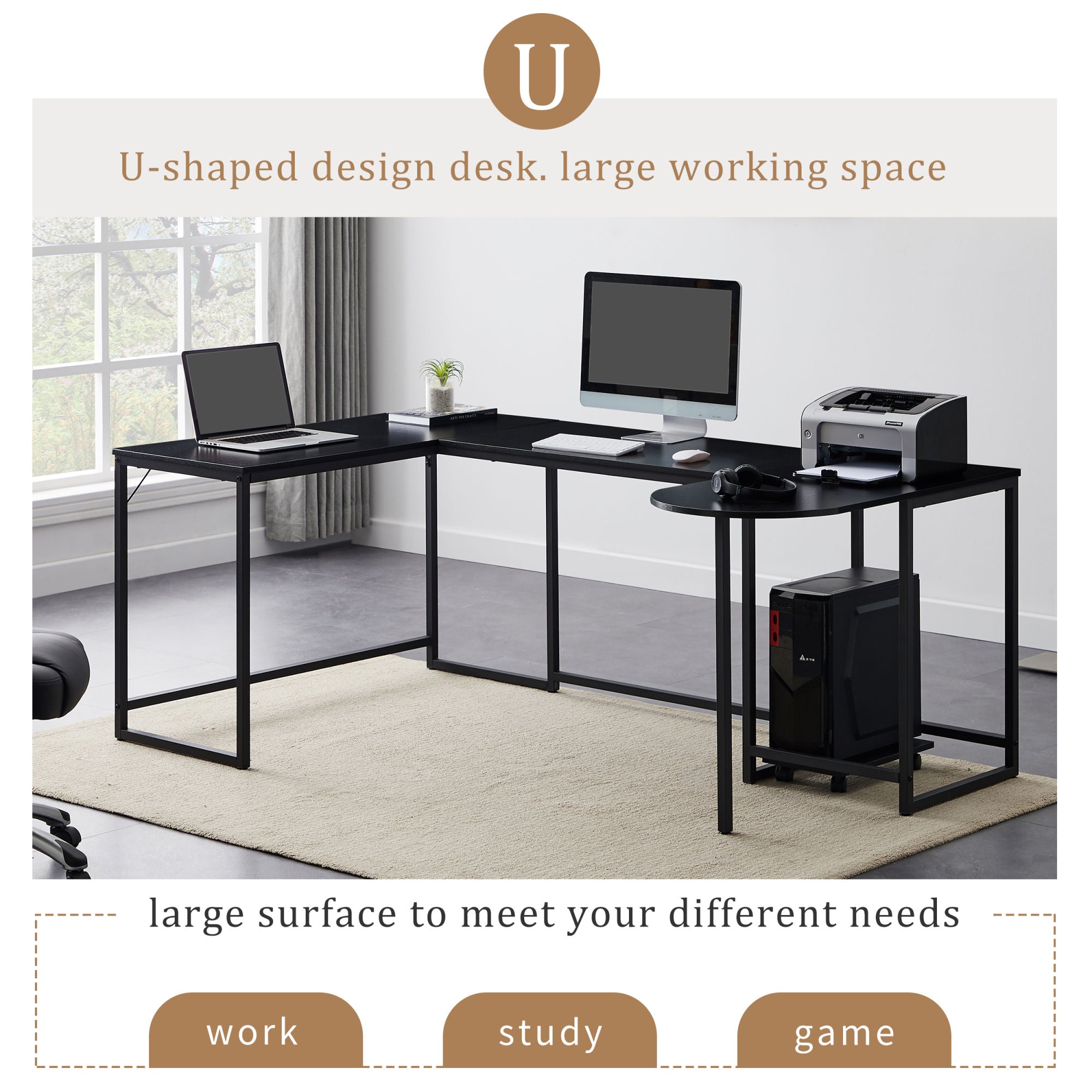 U-shaped Computer Desk - Industrial Corner Writing Desk with CPU Stand