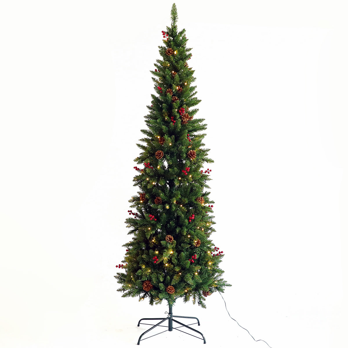 7.5ft  Artificial Slim Christmas Tree Pre-lit Pencil Feel Real Skinny Fir Tree with Cones and Berries Foldable Metal Stand