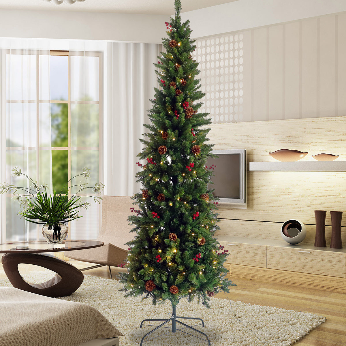 7.5ft  Artificial Slim Christmas Tree Pre-lit Pencil Feel Real Skinny Fir Tree with Cones and Berries Foldable Metal Stand