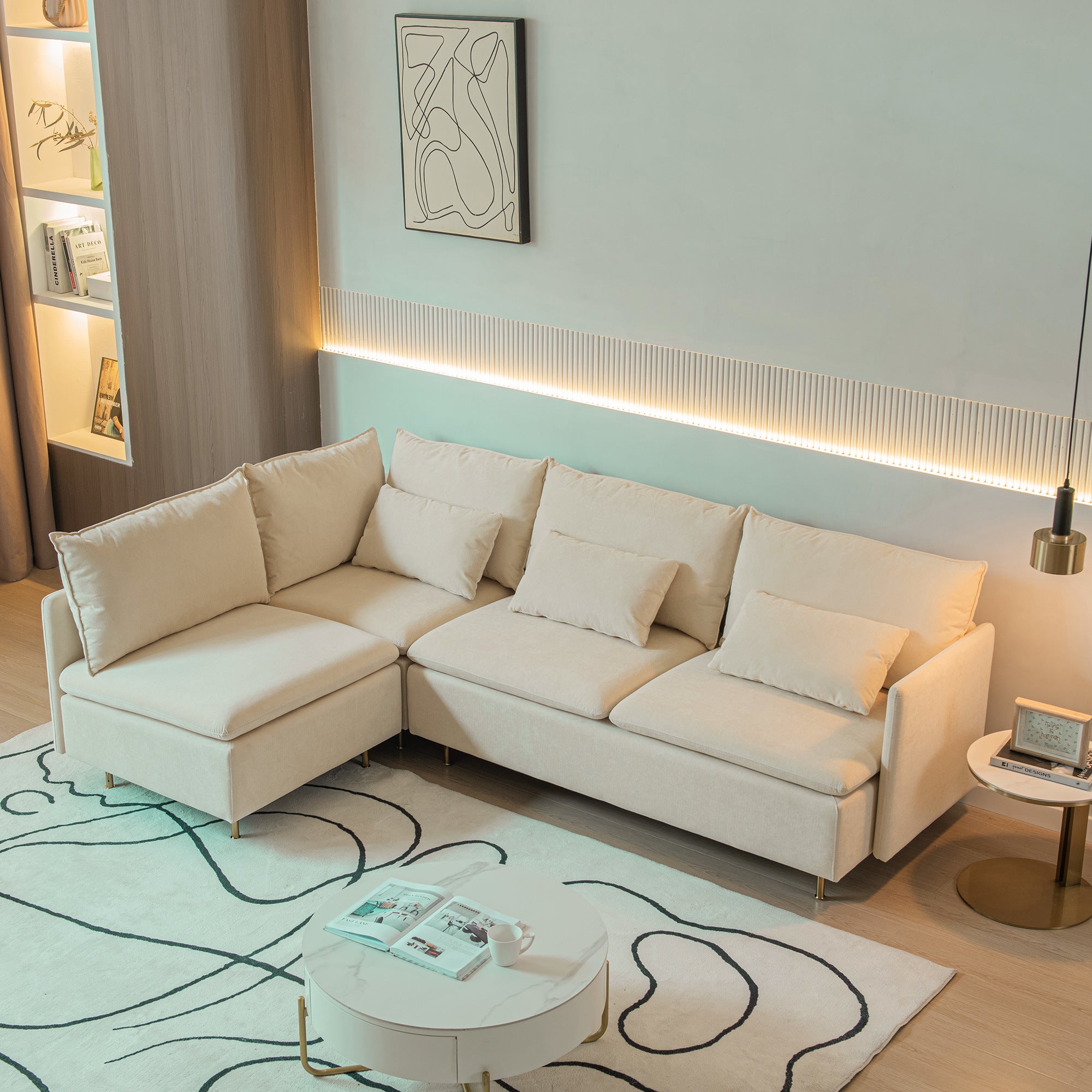 Modular L-shaped Corner sofa ;  Left Hand Facing Sectional Couch;  Beige Cotton Linen-90.9''