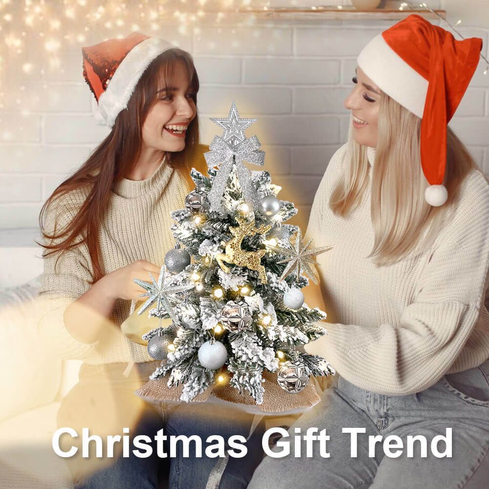 2ft Mini Christmas Tree with Light Tabletop Christmas Decoration with Flocked Snow