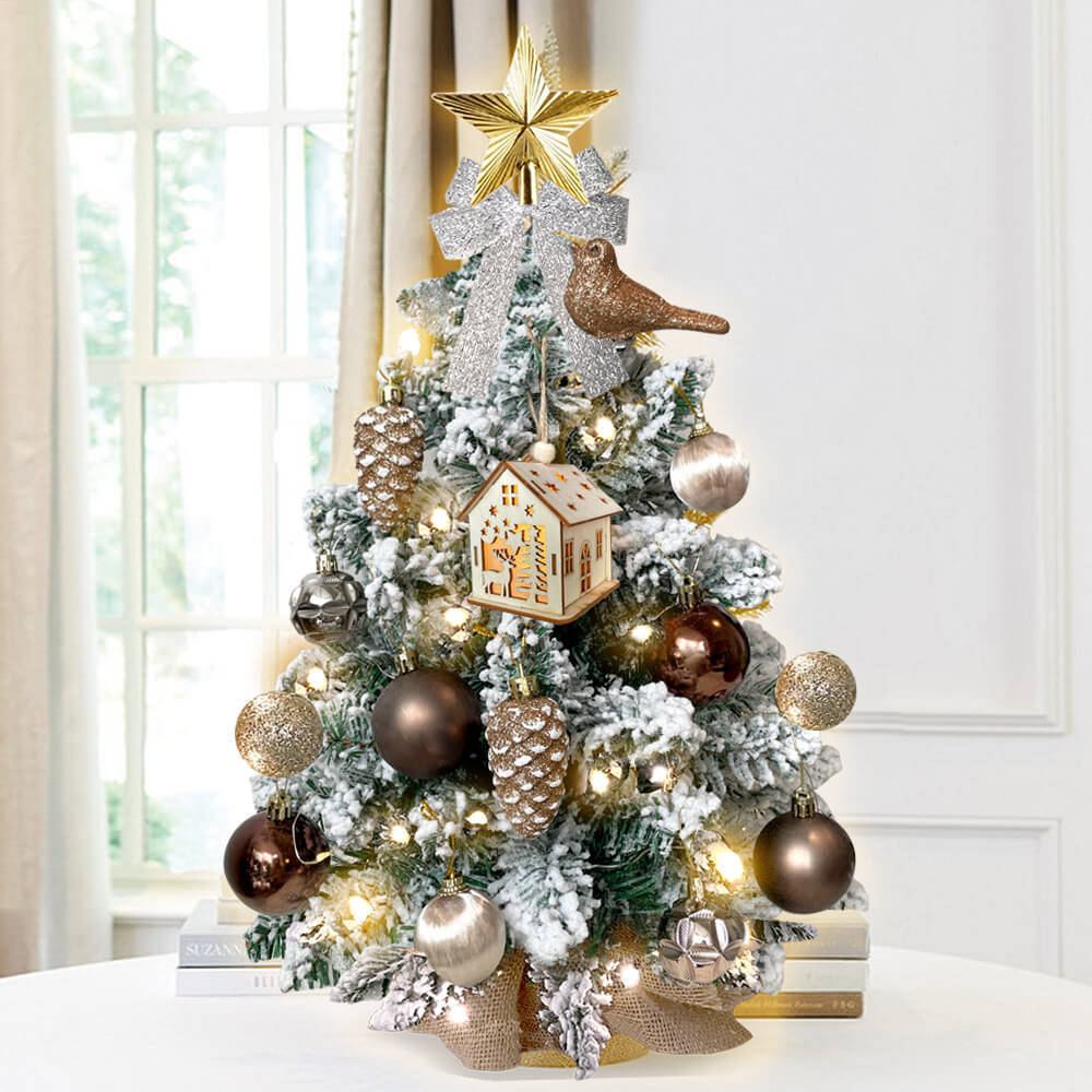 2ft Mini Christmas Tree with Light Tabletop Woodland Christmas Decoration with Flocked Snow