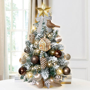 2ft Mini Christmas Tree with Light Tabletop Woodland Christmas Decoration with Flocked Snow