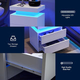 Nightstand LED Bedside Table Cabinet Lights Modern End Side with 2 Drawers for Bedroom (White)