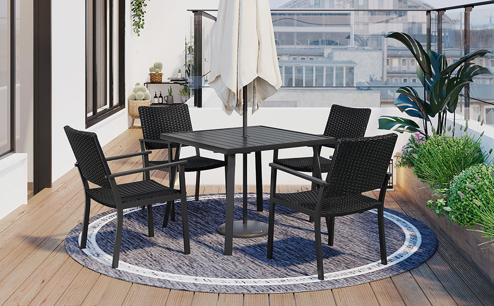 Outdoor Patio PE Wicker 5-Piece Dining Table Set with Umbrella Hole and 4 Dining Chairs for Garden, Deck,Black Frame+Black Rattan