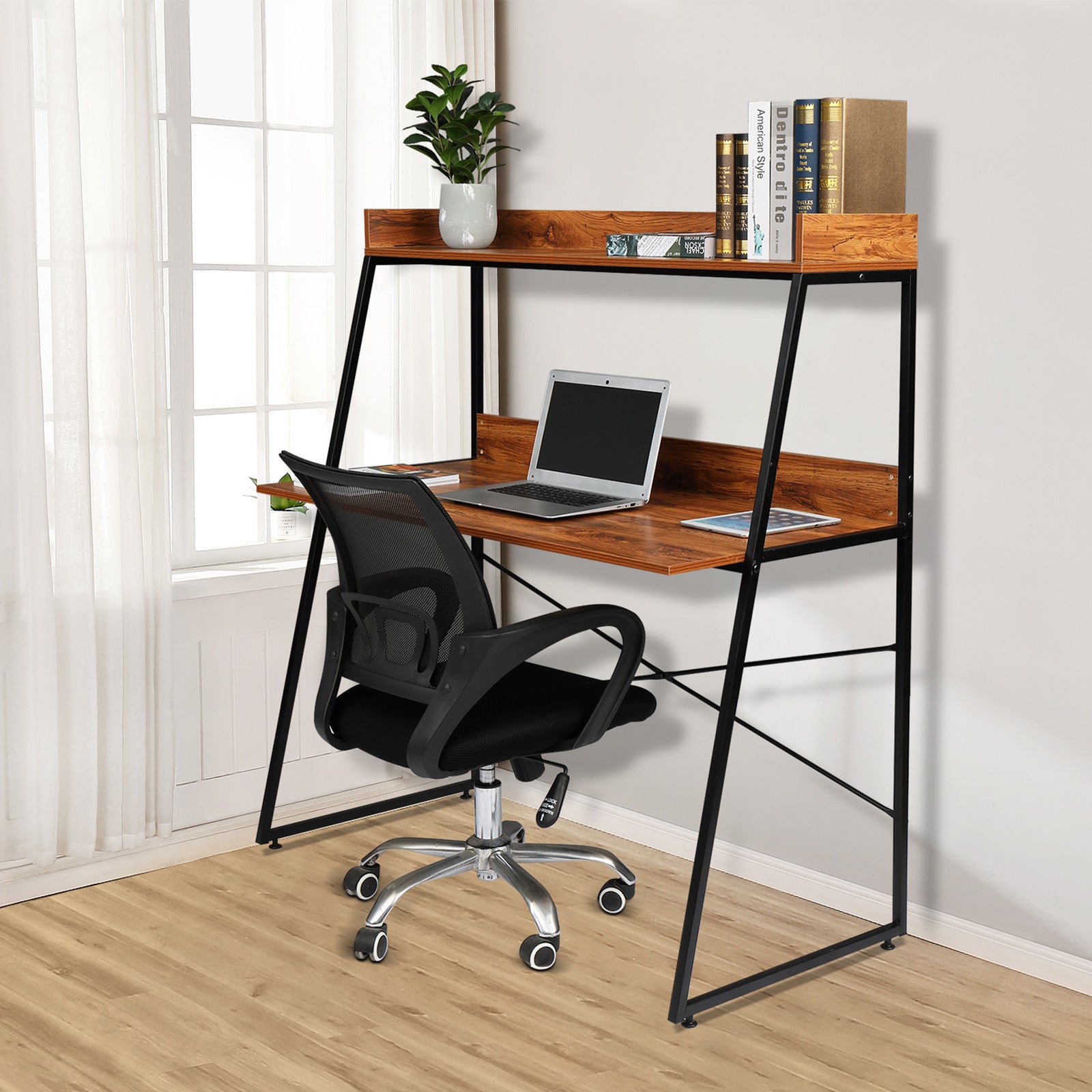 FCH Vintage Color 2-Tier Ladder Computer Desk with Storage Bookshelf - Modern Writing Table for Office and Home RT