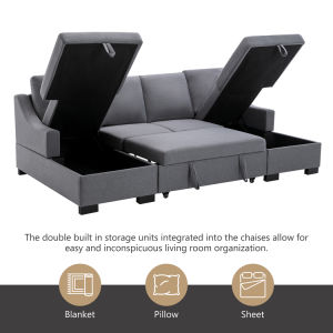 Upholstery Sleeper Sectional Sofa with Double Storage Spaces 2 Tossing Cushions - Grey