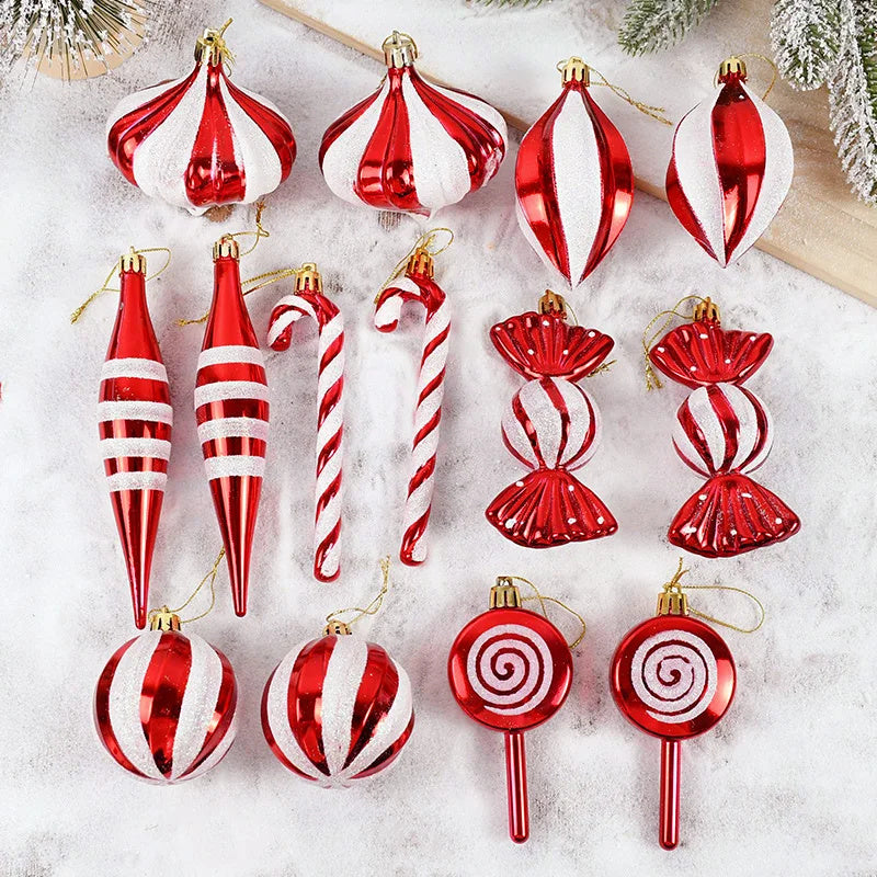 14pcs/box Christmas Ball Ornaments Red Candy Cane Xmas Tree Hanging Pendants Navidad New Year Home Decorations 2024