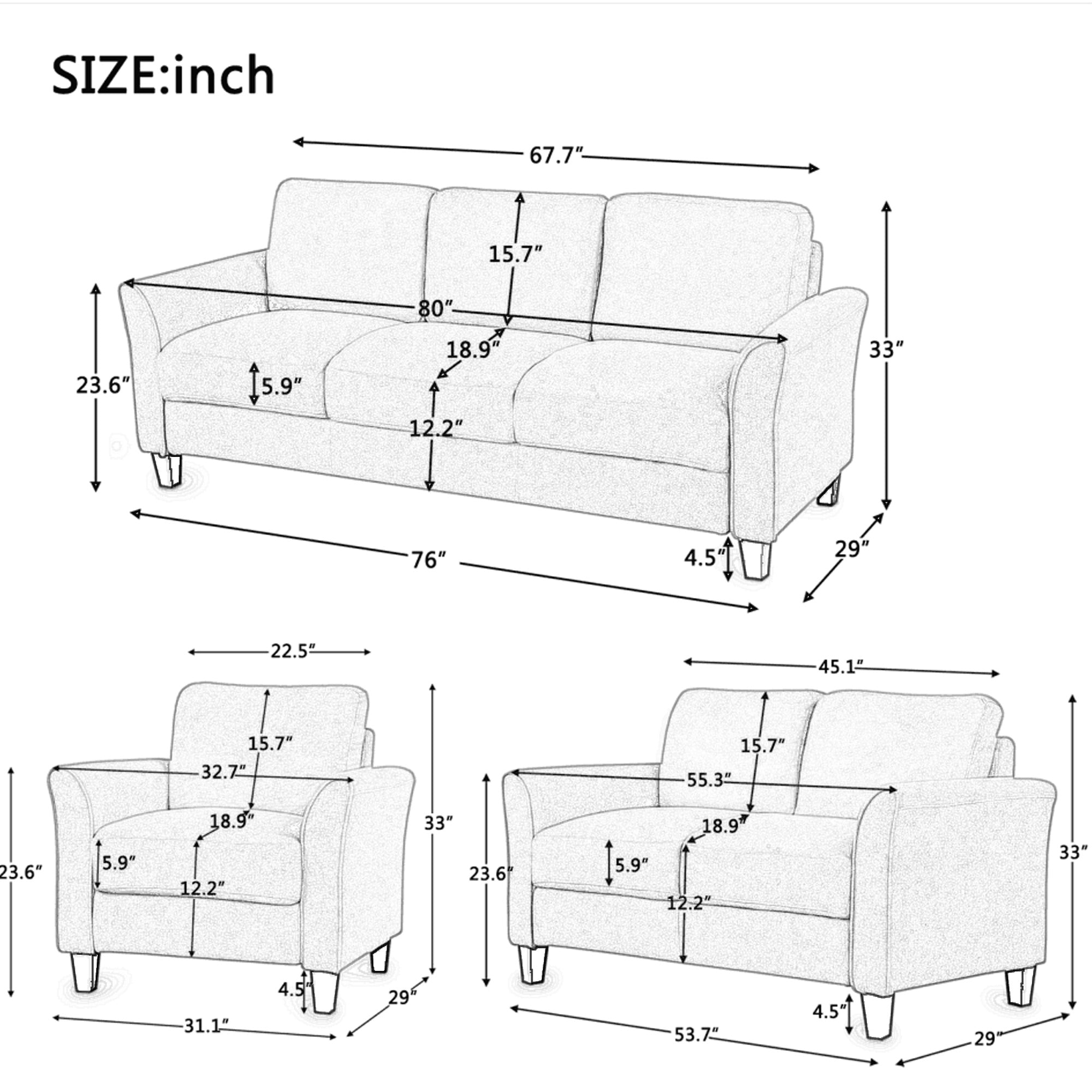 Polyester-blend 3 Pieces Sofa Set; Living Room Set