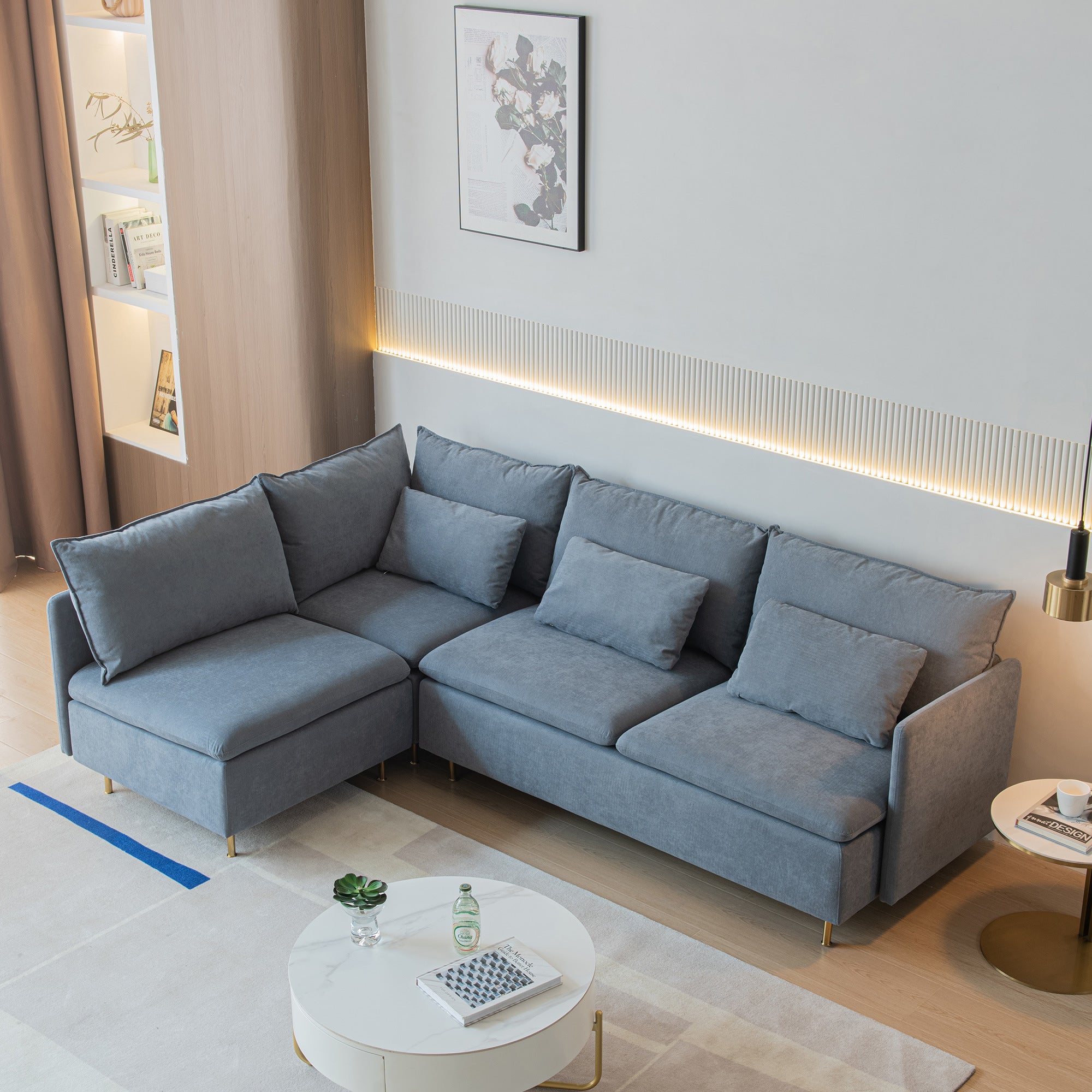 Modular L-shaped Corner sofa ; Left Hand Facing Sectional Couch;  Grey Cotton Linen-90.9''