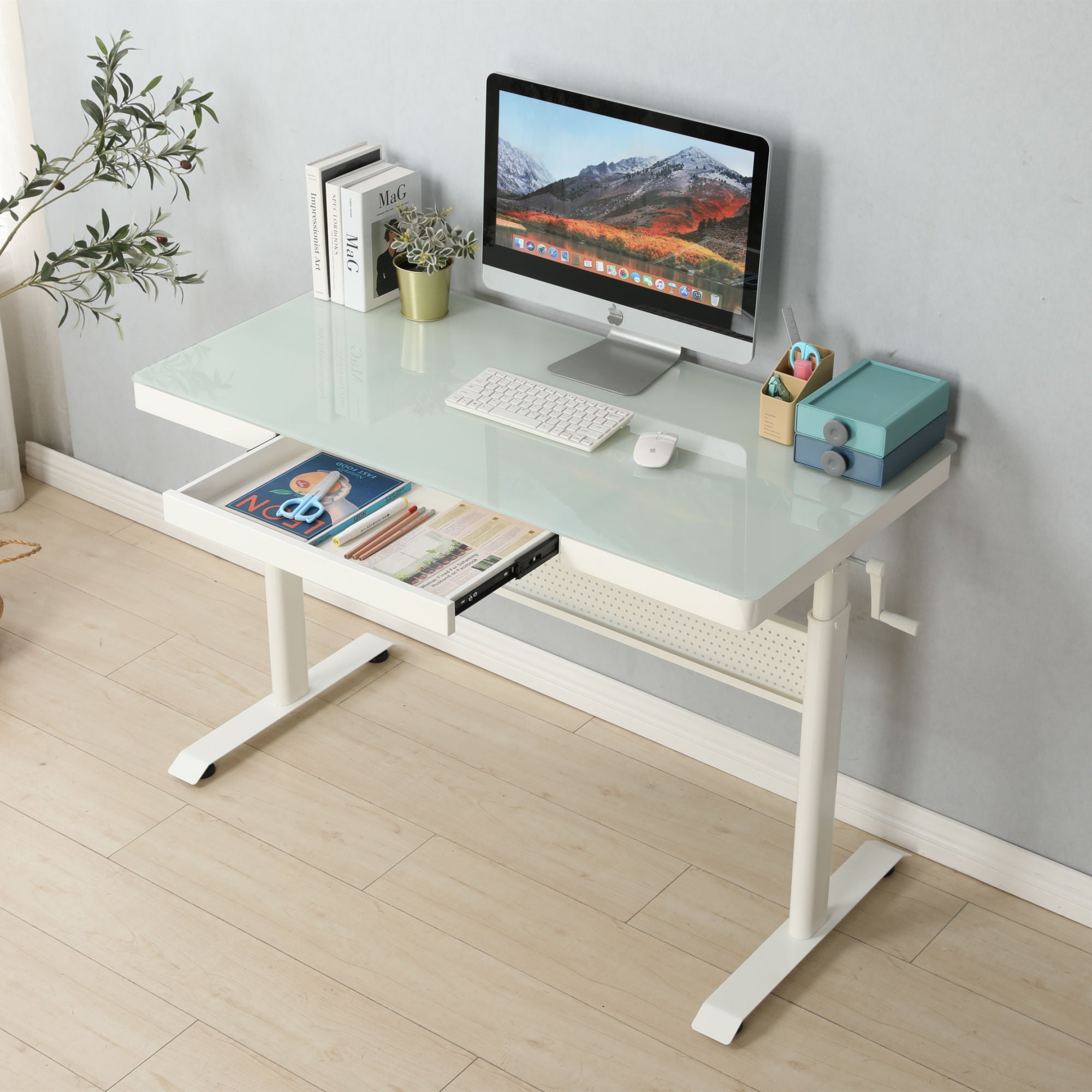 Modern Tempered Glass Standing Desk with Adjustable Height and Metal Drawer - 48 x 24 Inches