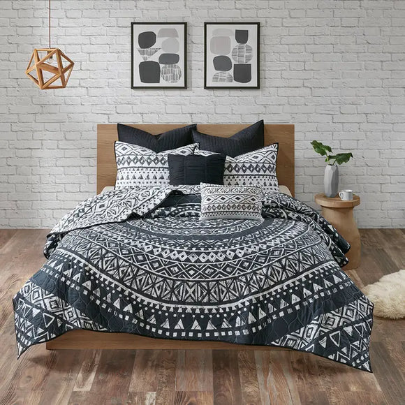 Boho Geo 7-Piece Comforter, Duvet Cover, Coverlet Set, Black