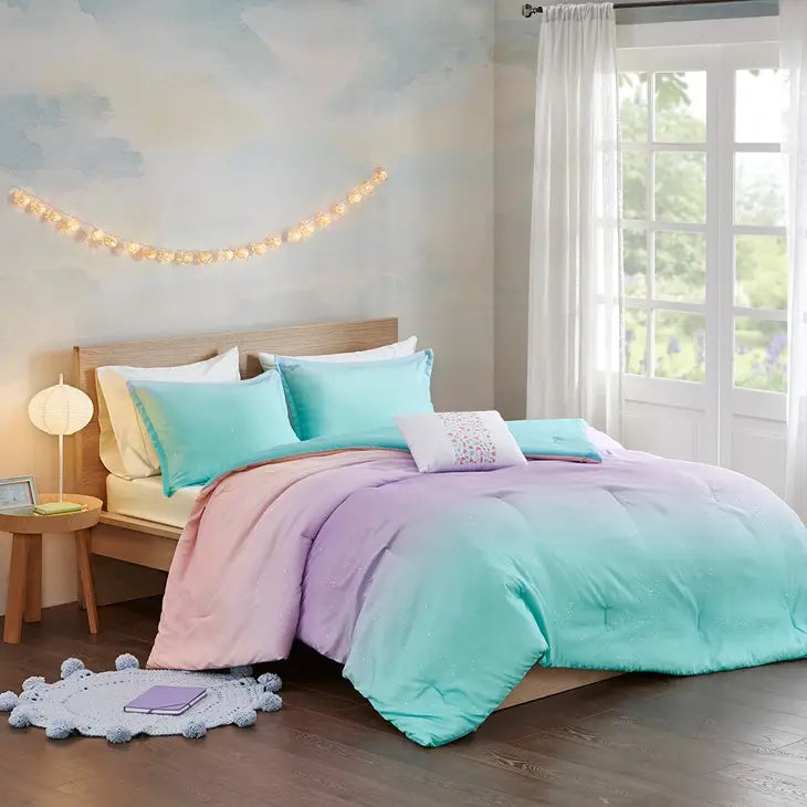 Glitter Ombre 4-Piece Comforter or Duvet Cover Set, Aqua