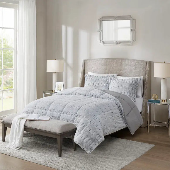 Long Faux Fur Comforter Mini Set, Grey