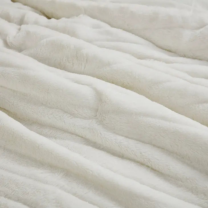 Striped Faux Fur Plush Comforter Mini Set, Ivory